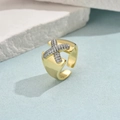 Two-tone plated ring with sparkling cross design and adjustable open golden band - Gold Rhinestone Cross Design Style (JZ0049-2)