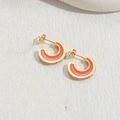 Golden C-shaped hoop earrings with vibrant orange enamel and sparkling zircon accents - Orange