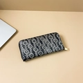 Women's long PU leather zipper wallet featuring grey chain print and gold metal closure - Black