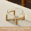 2800ml medium glass salad bowl with bamboo stand, 23.3cm diameter minimalist fruit plate - 2800ml / Medium Transparent (Bamboo Stand)