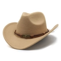 Close-up of khaki wool cowboy hat featuring a leather band with golden skull star ornament - M (56-58cm) / Camel
