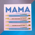 Set de 5 bolígrafos realistas para madres con frases divertidas en colores azul y rosa - Tema Mamá