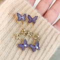 Boucles d'oreilles papillon violettes élégantes avec longues pampilles et cristaux - 31# Pampille longue papillon mat strass violet (Silver Earring Post)