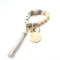 Handmade MAMA silicone beaded wristlet keychain with wooden beads and beige tassel - White