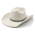 Wide brim beige faux suede western cowboy hat with a stylish woven band decoration - M (56-57cm) / Beige