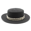Close-up of black woven boater hat featuring a frayed checkerboard ribbon detail - M (56-58cm) / Black