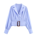 Camicia corta a righe blu con colletto a revers e cintura con fibbia tartarugata - XS / Righe Blu
