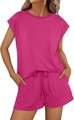Detail of rose red casual two-piece set featuring round neck t-shirt and drawstring shorts - S / Rose Red