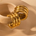 Polished gold stainless steel triple-layered hoop earrings on a display stand - Triple Tubular Spiral (BJGE0731)