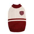 Dog winter warm knit sweater with red and white cable knit pattern and bear badge - S / Dark Red