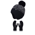 Conjunto de invierno con gorro de punto con pompón y guantes táctiles en blanco y negro - Negro