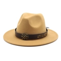 Detail of camel wool fedora with brown leather band and gold stud embellishments - Camel