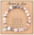 Natural stone beaded bracelet with silver heart charm on Sister-in-Law gift card - Pink Zebra + Sister In Law Card
