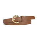 Minimalist brown leather belt with golden C-shape buckle for women's outfits - Caramel color / 106