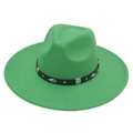 Close-up of green fedora hat with black leather band and silver diamond studs - Adult (57-62cm) / Grass Green