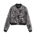 Detail shot of leopard print bomber jacket with ribbed collar and large utility pockets - Leopard Print