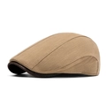Classic khaki cotton flat cap with dark brown faux leather brim for men and women - Khaki