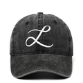 Vintage washed dark grey cotton baseball cap with white embroidered letter L on front - Adjustable / Washed Black