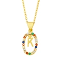 Macro shot of gold letter K pendant with multi-color micro-pave cubic zirconia crystals - Letter K