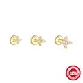 Drei Größen goldene S925 Sterlingsilber Blumenohrstecker mit funkelndem Zirkonia-Besatz - Vierblättriger Blumenstil (#1 Gold Stil-3er Set)
