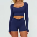 Completo sportivo blu navy da donna con top a maniche lunghe e pantaloncini a vita a V - Taglia S / Top E Pantaloni / Top + Pantaloncini / Blu Notte