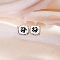 Square floral earrings featuring black camellia with pearl and sparkling rhinestones - Black Camellia Pearl Rhinestone Square Earrings