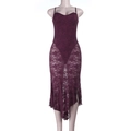 Close-up of deep purple lace dress showing sheer texture and intricate floral patterns - S / Purple