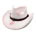 Close-up of white felt cowboy hat with pink stars and brown leather studded band - M (56-58cm) / White