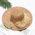 Elegant khaki lace sun hat with wide brim and organza bow decoration for beach use - Khaki Leaf
