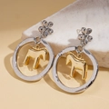 Hollow flower earrings with horse pendant and metal hoop in silver and gold finish - Silver (Silver Pin)