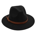 Close-up of black wool felt fedora featuring a brown leather band and metal buckle detail - M (56-58cm) / Black (Yellow Rope)