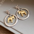 Detail of silver hammered rings with golden horse charms and floral stud earrings - 74# Gold Silver Two-tone Dala Horse Flower Dangles (Pair)