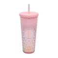 Studded plastic tumbler with pink gradient finish and matching straw and lid - Nail Powder