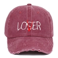 Gorra de béisbol granate lavado con bordado LOSER LOVER y detalles de borde desgastado - Ajustable / Burdeos Distressed