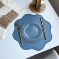 Blue petal shaped faux leather placemat with gold beaded edge and litchi texture - Flower / Light Blue