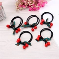 Lot de 5 élastiques à cheveux noirs avec nœuds à pois verts et breloques cerises rouges - Style Cerise Rouge (Lot de 5)