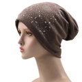 Dark brown knit beanie for women and men with sparkling silver rhinestone star patterns - Khaki