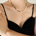 Bohemian freshwater pearl and colorful stone bead necklace worn by a fashion model - Gold Necklace (40+5cm)
