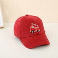 Close-up of vibrant red kids baseball cap featuring detailed fire truck embroidery - 52-54CM Head Circumference / Red