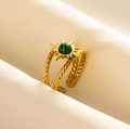 Macro shot of twisted gold 304 stainless steel ring with green striped stone detail - Gold Tone Green Stone Style (J586-G-G)