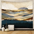 Abstract mountain landscape tapestry with sun and forest silhouettes in warm earthy tones - Warm Beige and Deep Blue Abstract Landscape (GT428-19)