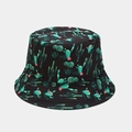 Close-up of a black bucket hat featuring green cactus and pink flower patterns - M (56-58cm) / Small Cactus Black