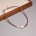 2mm thin pink tourmaline necklace with white baroque pearls and gold clasp hardware - XL0052 Pink Faceted Beads with Pearl