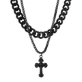 Double-layer black stainless steel Cuban chain necklace with cross pendant for men - Black (KN201776-KFC)