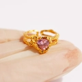 Golden open ring with pink heart-shaped gemstone and unique textured design for women - Adjustable Open / Gold
