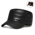 Men's genuine leather flat top cap in black with textured finish and ear flaps - Zipper Flat Top Cap Black