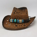 Vintage western strooien cowboyhoed met turquoise kralenband en opengewerkte patronen - Eén maat(56-58cm) / Khaki Zwart Met Turkoois