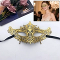 Elegant gold lace masquerade mask with intricate embroidery and black ribbon ties - Sword Top