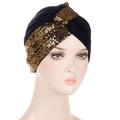 Women's black turban hat with gold sequins and twisted front design on head model - Navy Blue