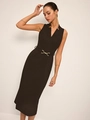Elegant black sleeveless V-neck dress with a gold horsebit buckle belt and slim fit - S / Black
